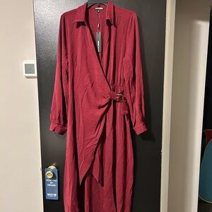 Fashion Nova Burgundy Long Sleeve Wrap Dress